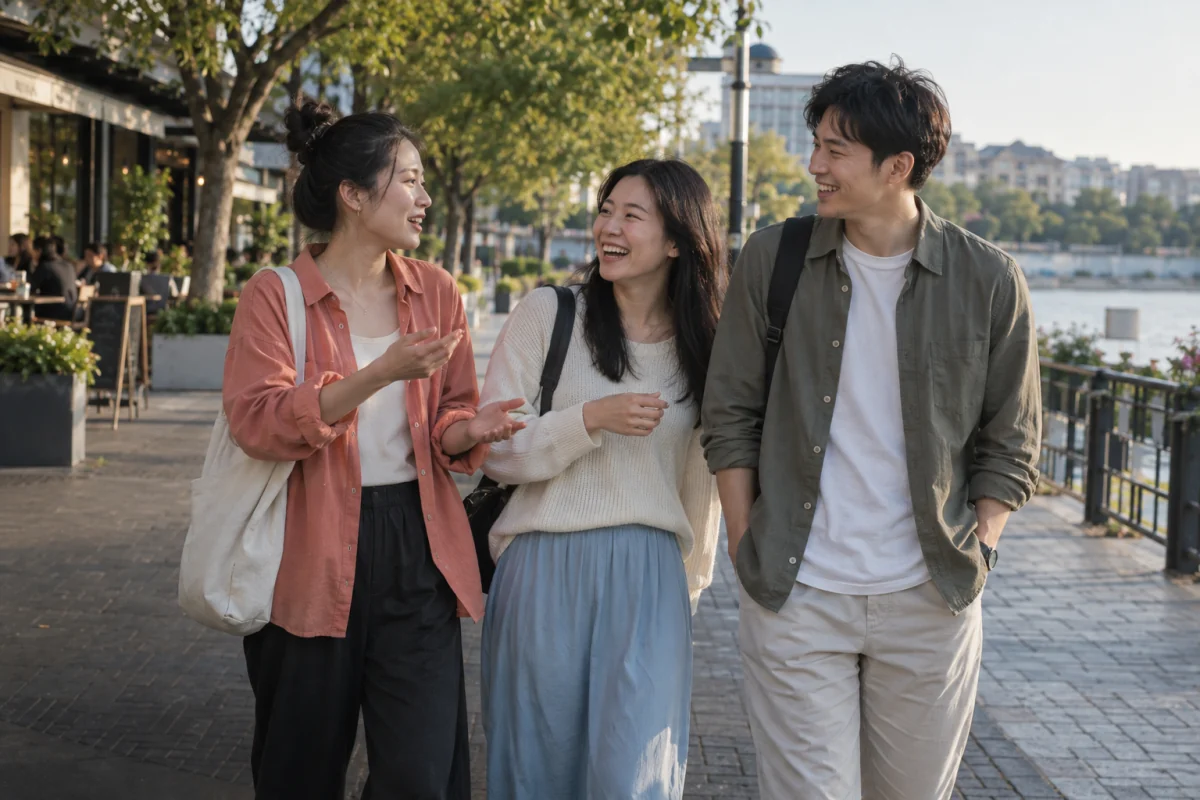AI-generated scene of three adult friends sharing a laugh on a riverside walk